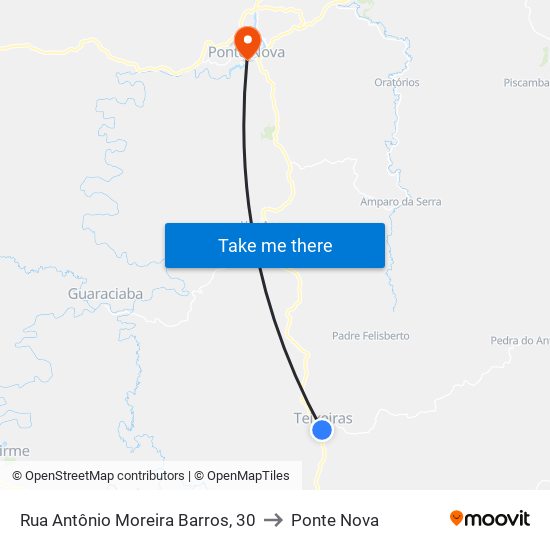 Rua Antônio Moreira Barros, 30 to Ponte Nova map