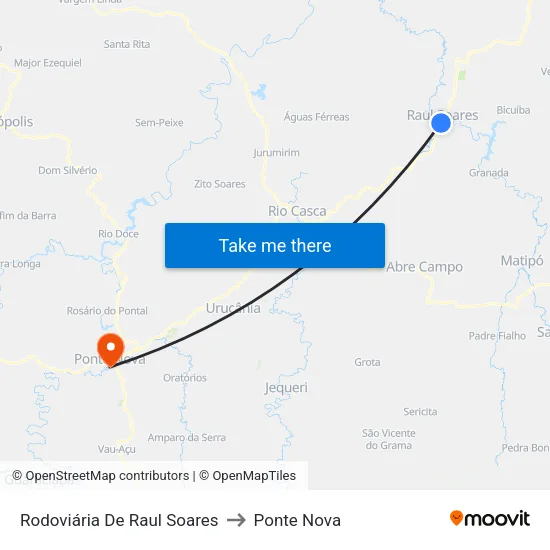 Rodoviária De Raul Soares to Ponte Nova map