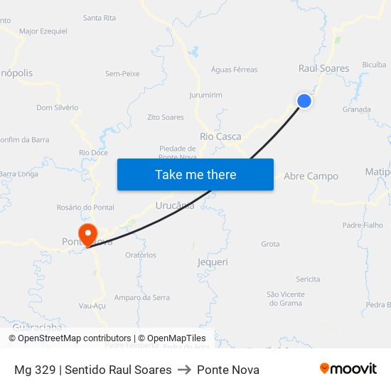 Mg 329 | Sentido Raul Soares to Ponte Nova map