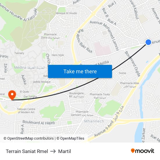 Terrain Saniat Rmel to Martil map