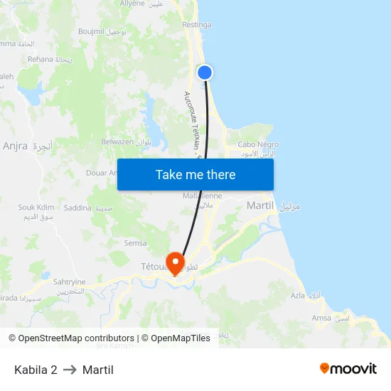 Kabila 2 to Martil map