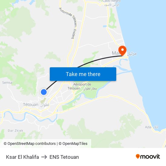 Ksar El Khalifa to ENS Tetouan map