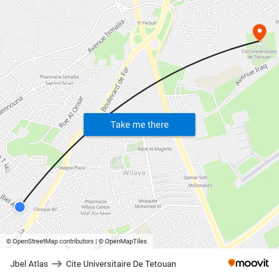 Jbel Atlas to Cite Universitaire De Tetouan map