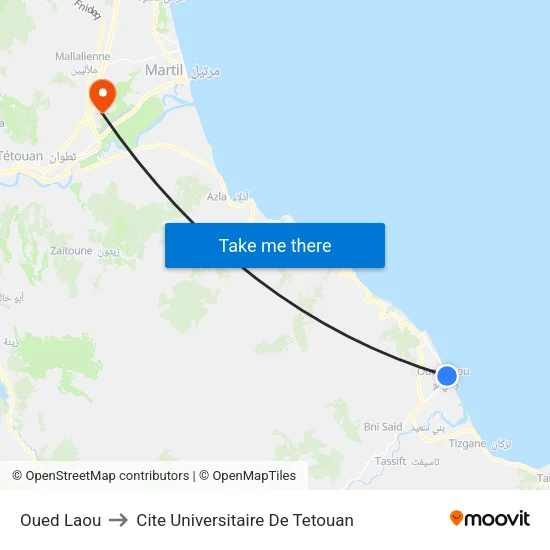 Oued Laou to Cite Universitaire De Tetouan map