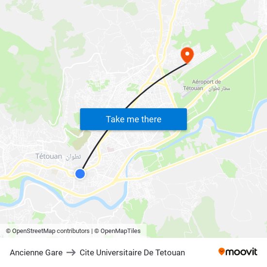 Ancienne Gare to Cite Universitaire De Tetouan map