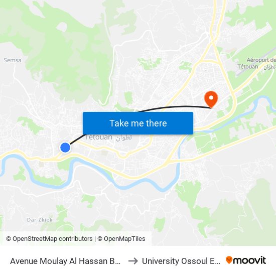 Avenue Moulay Al Hassan Belmehdi to University Ossoul Eddine map