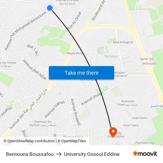 Bennouna Boussafou to University Ossoul Eddine map