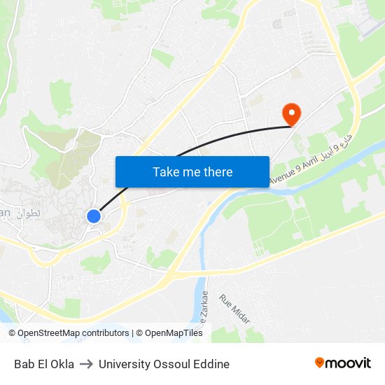 Bab El Okla to University Ossoul Eddine map