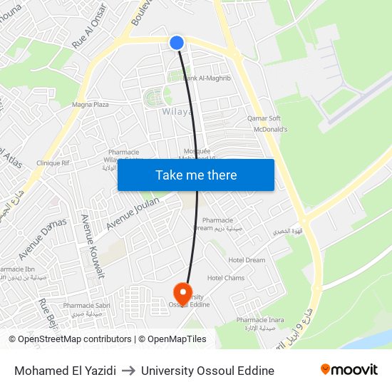 Mohamed El Yazidi to University Ossoul Eddine map