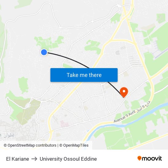 El Kariane to University Ossoul Eddine map