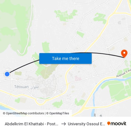 Abdelkrim El Khattabi - Poste Maroc to University Ossoul Eddine map