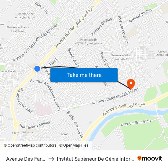 Avenue Des Far - Rettaha to Institut Supérieur De Génie Informatique - Sup'Isi map