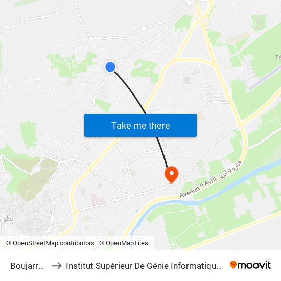 Boujarrah 2 to Institut Supérieur De Génie Informatique - Sup'Isi map