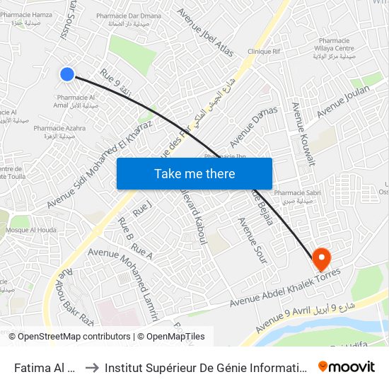 Fatima Al Fihria to Institut Supérieur De Génie Informatique - Sup'Isi map