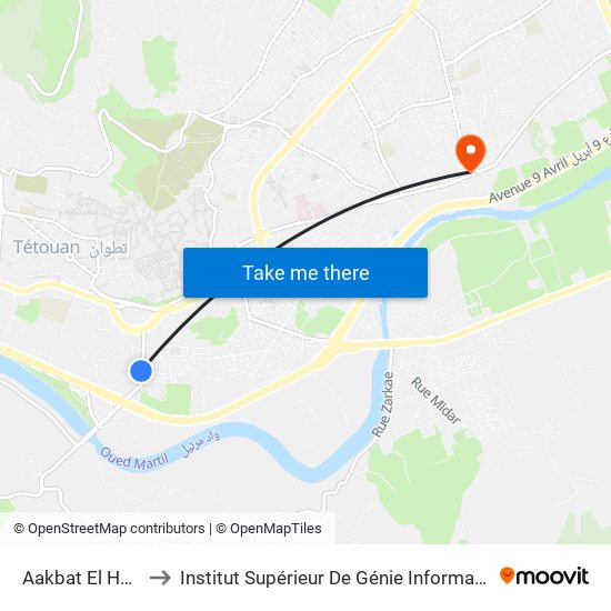 Aakbat El Halouf 2 to Institut Supérieur De Génie Informatique - Sup'Isi map