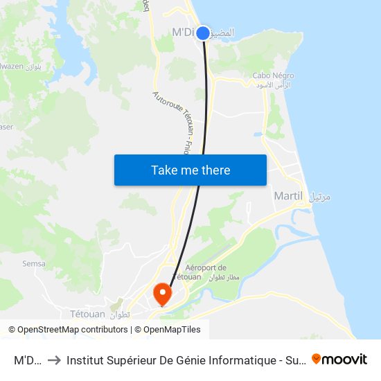 M'Diq to Institut Supérieur De Génie Informatique - Sup'Isi map