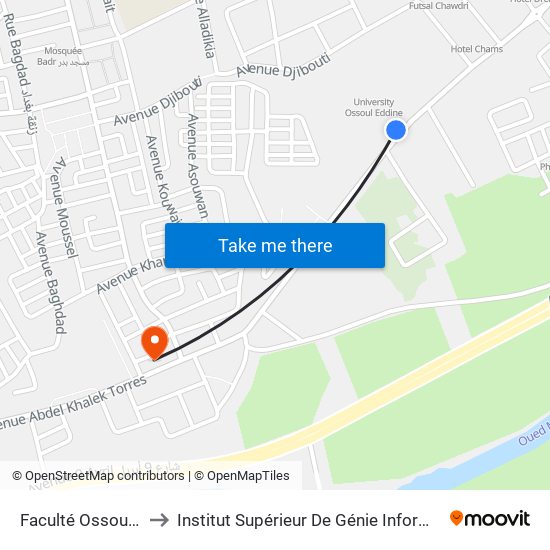 Faculté Ossoul-Eddine to Institut Supérieur De Génie Informatique - Sup'Isi map