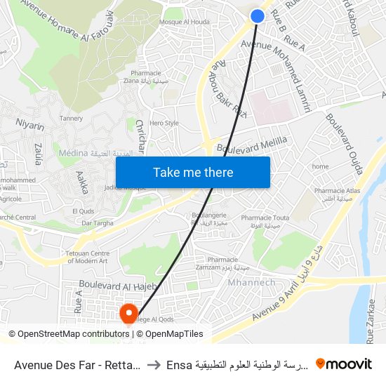 Avenue Des Far - Rettaha to Ensa المدرسة الوطنية العلوم التطبيقية map