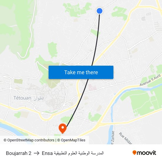 Boujarrah 2 to Ensa المدرسة الوطنية العلوم التطبيقية map