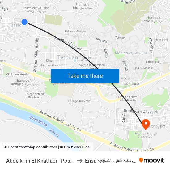 Abdelkrim El Khattabi - Poste Maroc to Ensa المدرسة الوطنية العلوم التطبيقية map