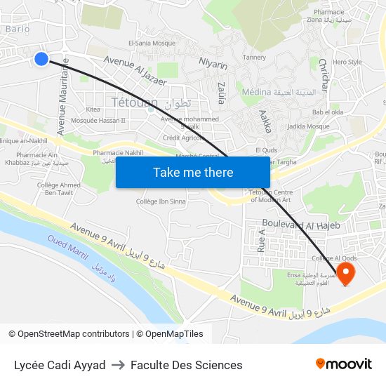 Lycée Cadi Ayyad to Faculte Des Sciences map