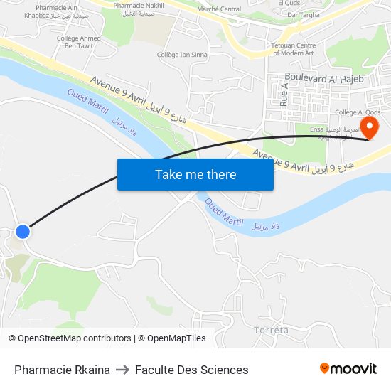 Pharmacie Rkaina to Faculte Des Sciences map