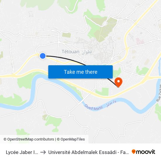 Lycée Jaber Ibnou Hayane to Université Abdelmalek Essaâdi - Faculté des Sciences de Tétouan map