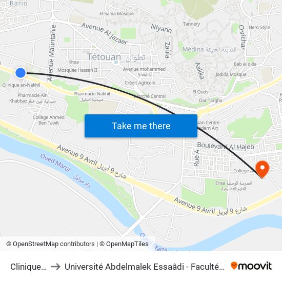 Clinique Nakhil to Université Abdelmalek Essaâdi - Faculté des Sciences de Tétouan map