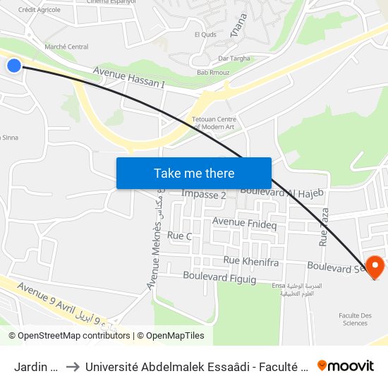 Jardin Chellal to Université Abdelmalek Essaâdi - Faculté des Sciences de Tétouan map