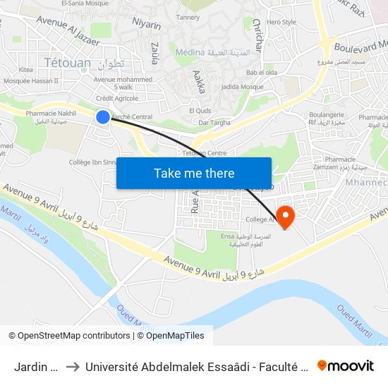 Jardin Chellal to Université Abdelmalek Essaâdi - Faculté des Sciences de Tétouan map