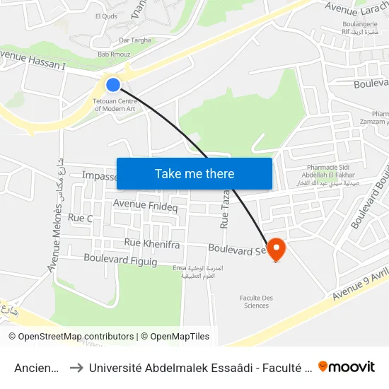 Ancienne Gare to Université Abdelmalek Essaâdi - Faculté des Sciences de Tétouan map