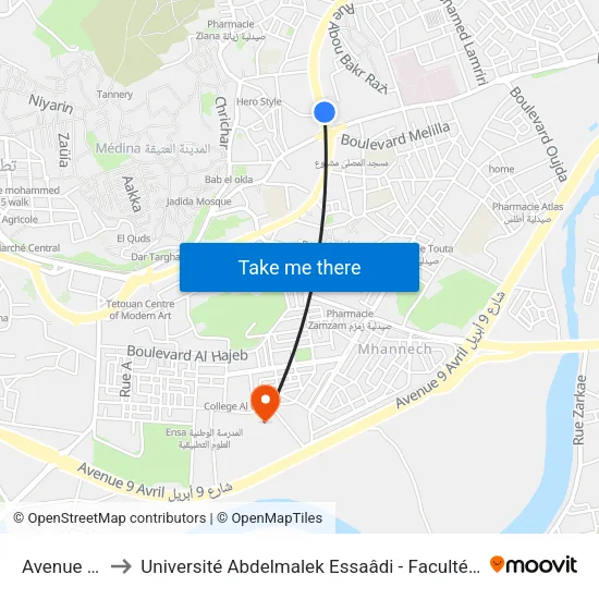 Avenue Des Far to Université Abdelmalek Essaâdi - Faculté des Sciences de Tétouan map