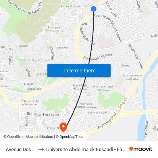 Avenue Des Far - Rettaha to Université Abdelmalek Essaâdi - Faculté des Sciences de Tétouan map