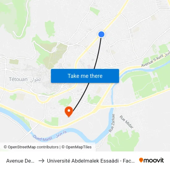 Avenue Des Far - Safir to Université Abdelmalek Essaâdi - Faculté des Sciences de Tétouan map