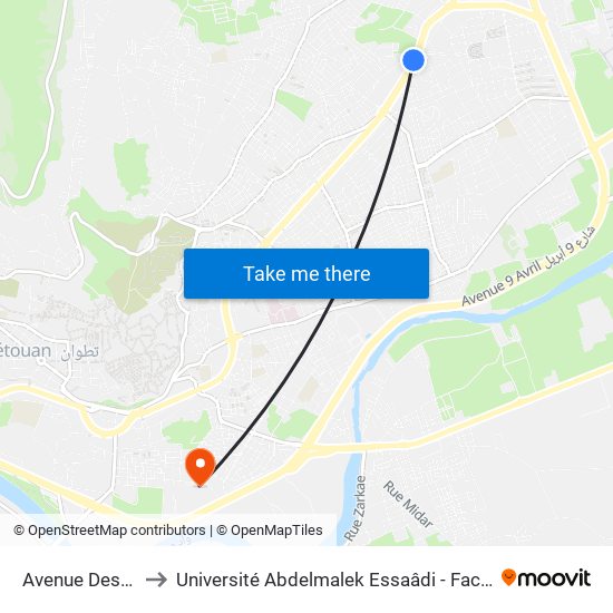 Avenue Des Far - Wilaya to Université Abdelmalek Essaâdi - Faculté des Sciences de Tétouan map