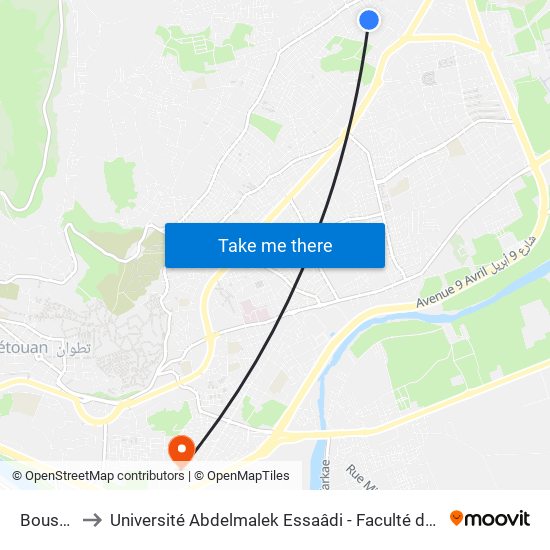 Boussafou to Université Abdelmalek Essaâdi - Faculté des Sciences de Tétouan map