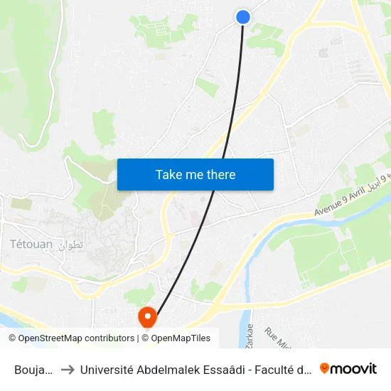 Boujarrah 1 to Université Abdelmalek Essaâdi - Faculté des Sciences de Tétouan map