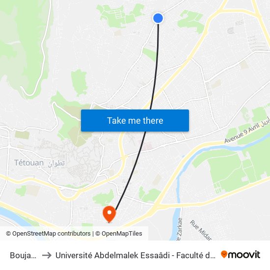 Boujarrah 2 to Université Abdelmalek Essaâdi - Faculté des Sciences de Tétouan map