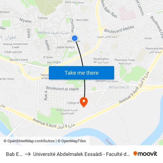 Bab El Okla to Université Abdelmalek Essaâdi - Faculté des Sciences de Tétouan map