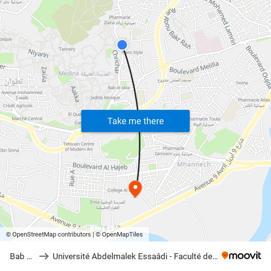 Bab Saida to Université Abdelmalek Essaâdi - Faculté des Sciences de Tétouan map