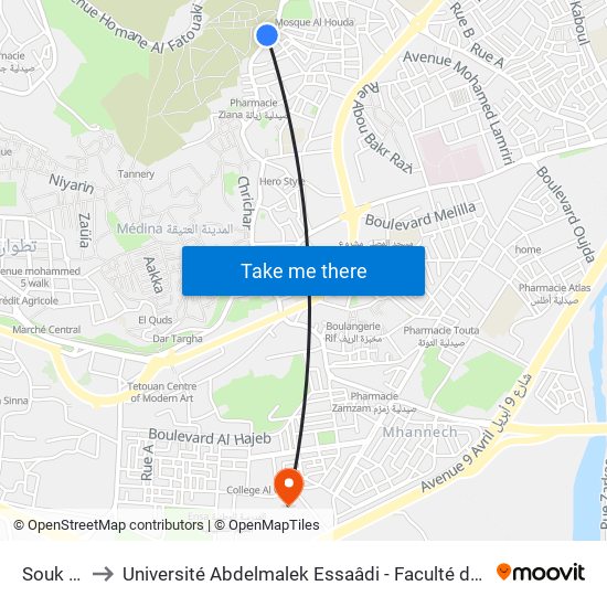 Souk Ziana to Université Abdelmalek Essaâdi - Faculté des Sciences de Tétouan map