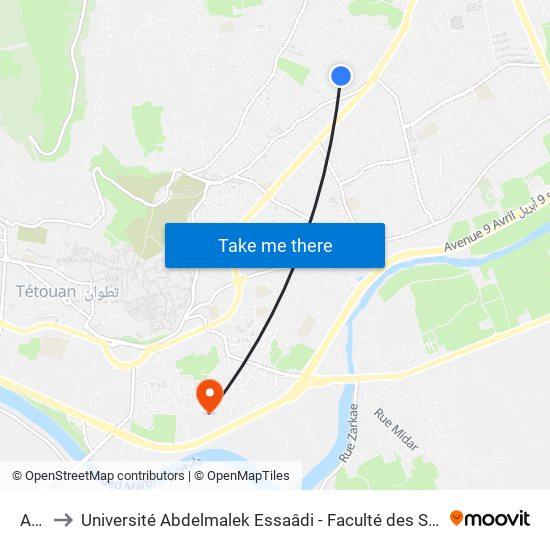 Afka to Université Abdelmalek Essaâdi - Faculté des Sciences de Tétouan map