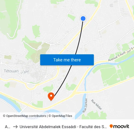 Afka to Université Abdelmalek Essaâdi - Faculté des Sciences de Tétouan map