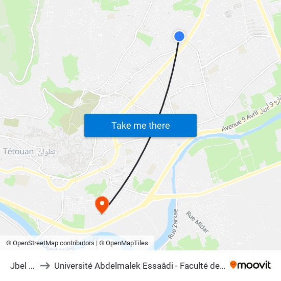 Jbel Atlas to Université Abdelmalek Essaâdi - Faculté des Sciences de Tétouan map