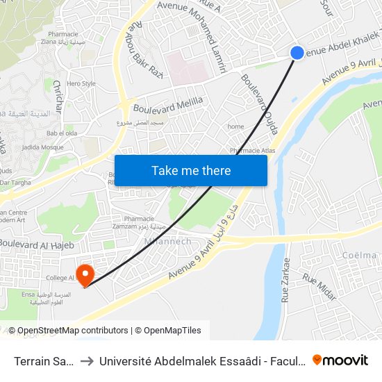 Terrain Saniat Rmel to Université Abdelmalek Essaâdi - Faculté des Sciences de Tétouan map