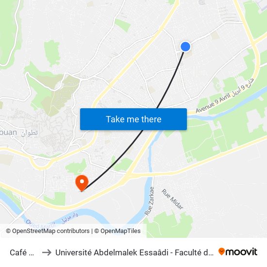 Café Warda to Université Abdelmalek Essaâdi - Faculté des Sciences de Tétouan map