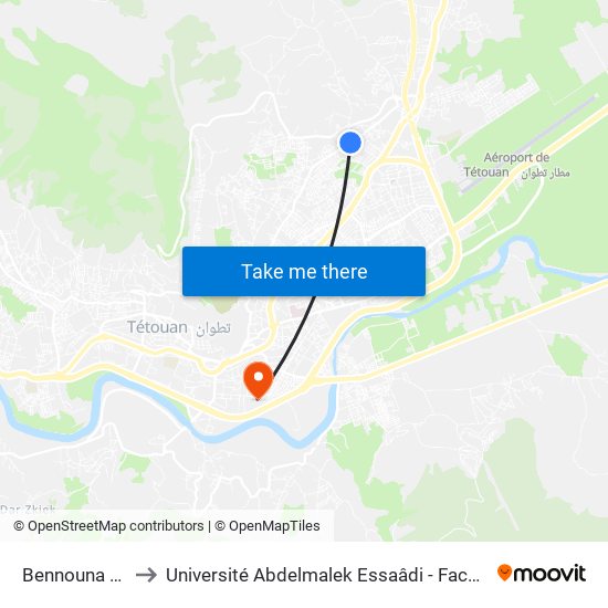 Bennouna Boussafou to Université Abdelmalek Essaâdi - Faculté des Sciences de Tétouan map