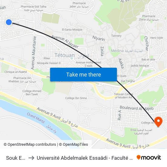 Souk El Fahm to Université Abdelmalek Essaâdi - Faculté des Sciences de Tétouan map