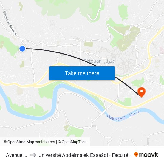 Avenue De Zaio to Université Abdelmalek Essaâdi - Faculté des Sciences de Tétouan map