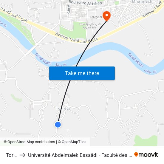 Torreta to Université Abdelmalek Essaâdi - Faculté des Sciences de Tétouan map